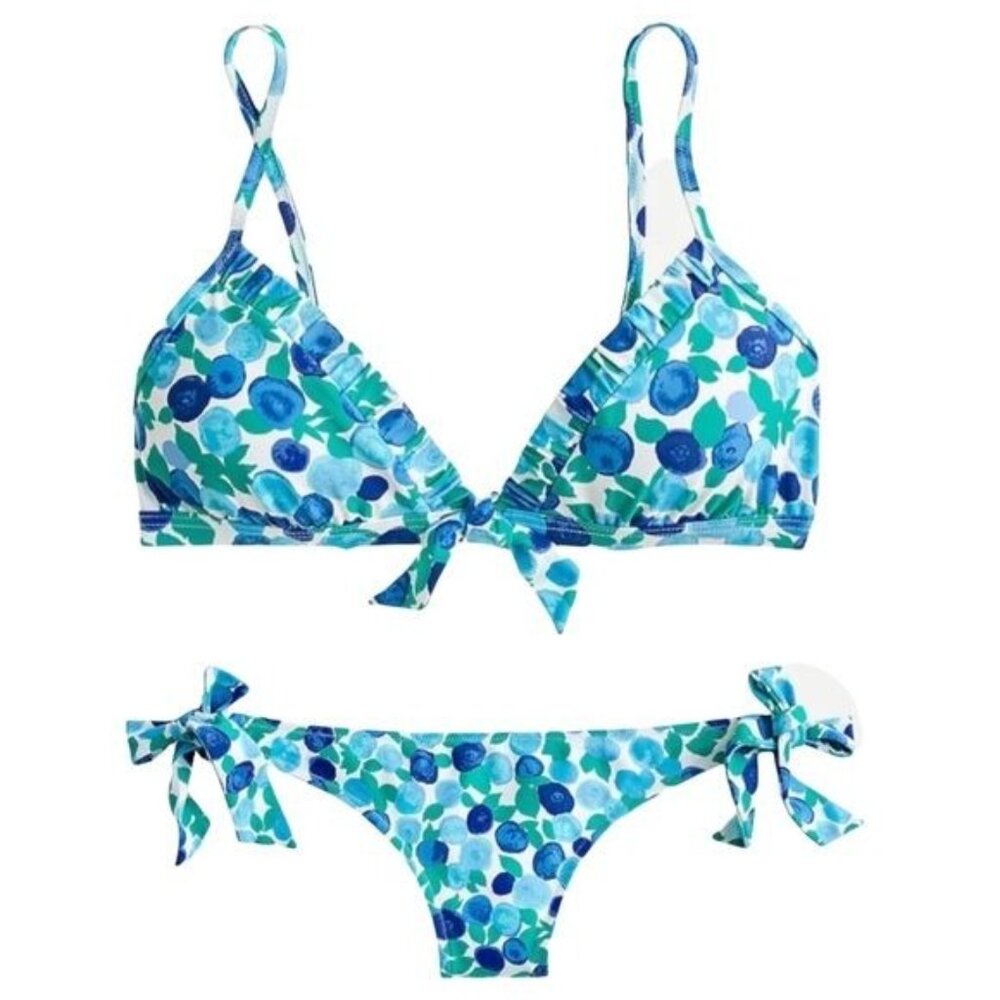 J. Crew Eco Ruched French Side Tie Bikini in Blueberry Floral Size L and XL NWT